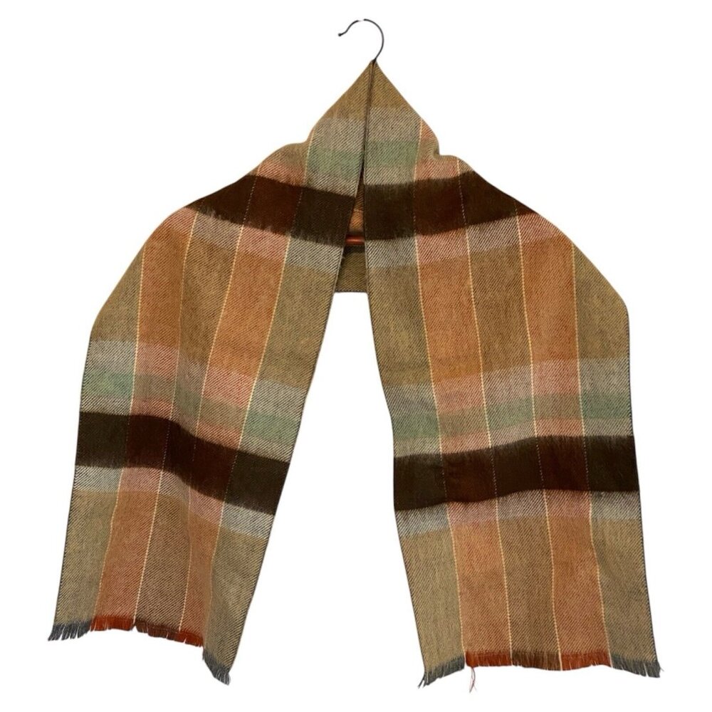 Brown Tan Beige Acrylic Plaid Scarf Rectangular 51"x10.5"